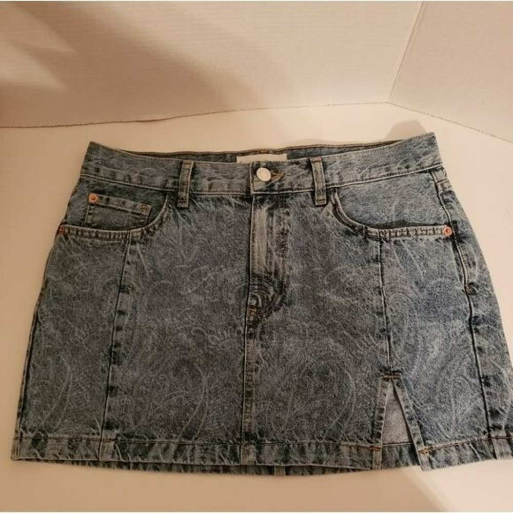 MNG Mango Denim Paisley Design Mini Skirt Light Wash Sz Med Summer Festival